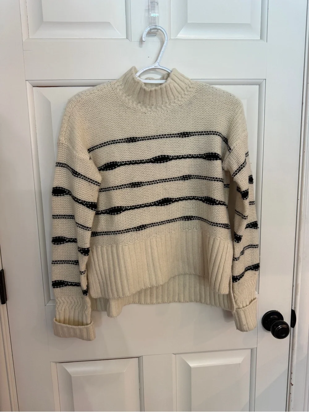 Veronica Beard Viori Cream & Black Striped Wool Mock Neck Sweater 25596